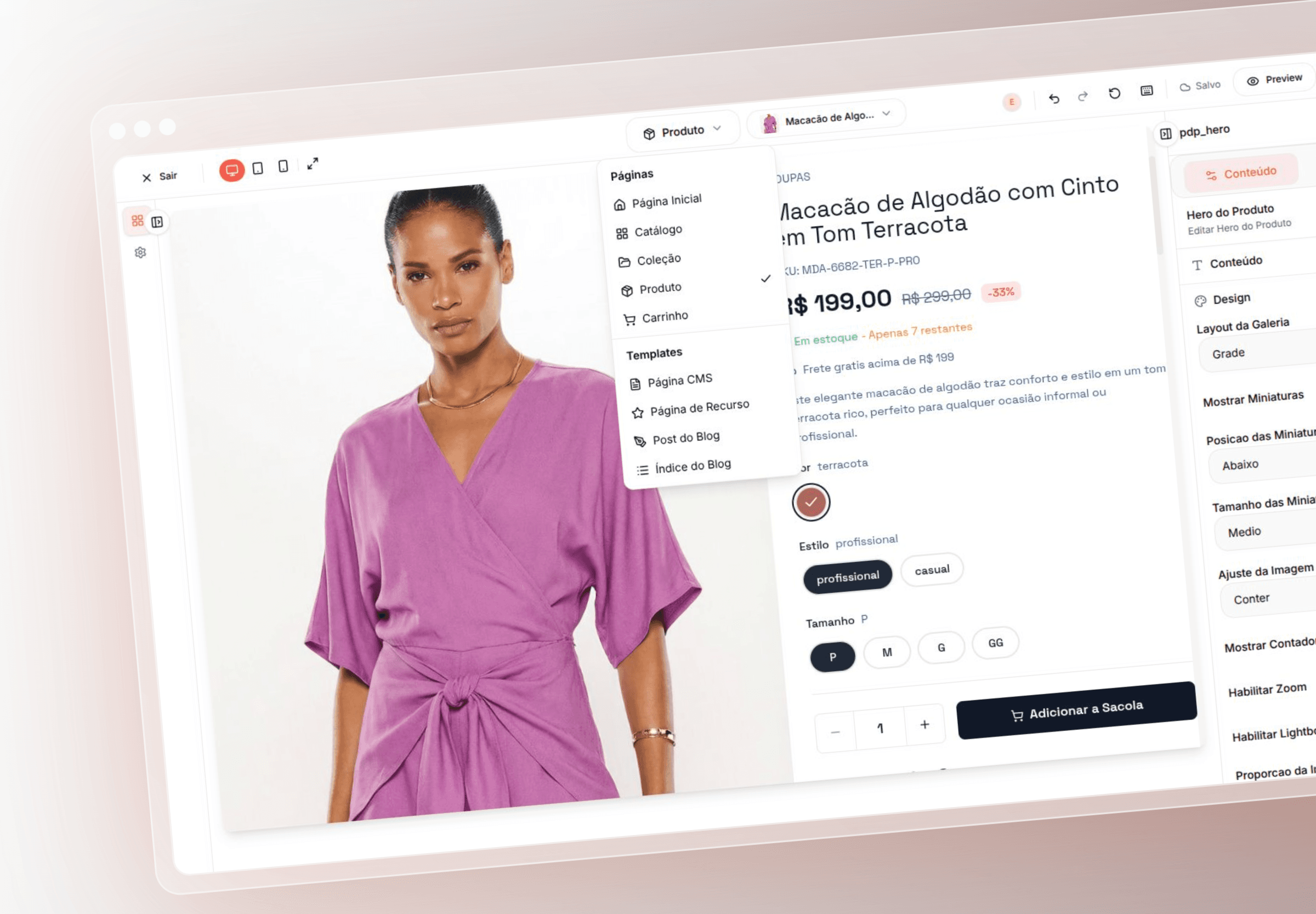 Editor de Produto — pagina de produto personalizavel